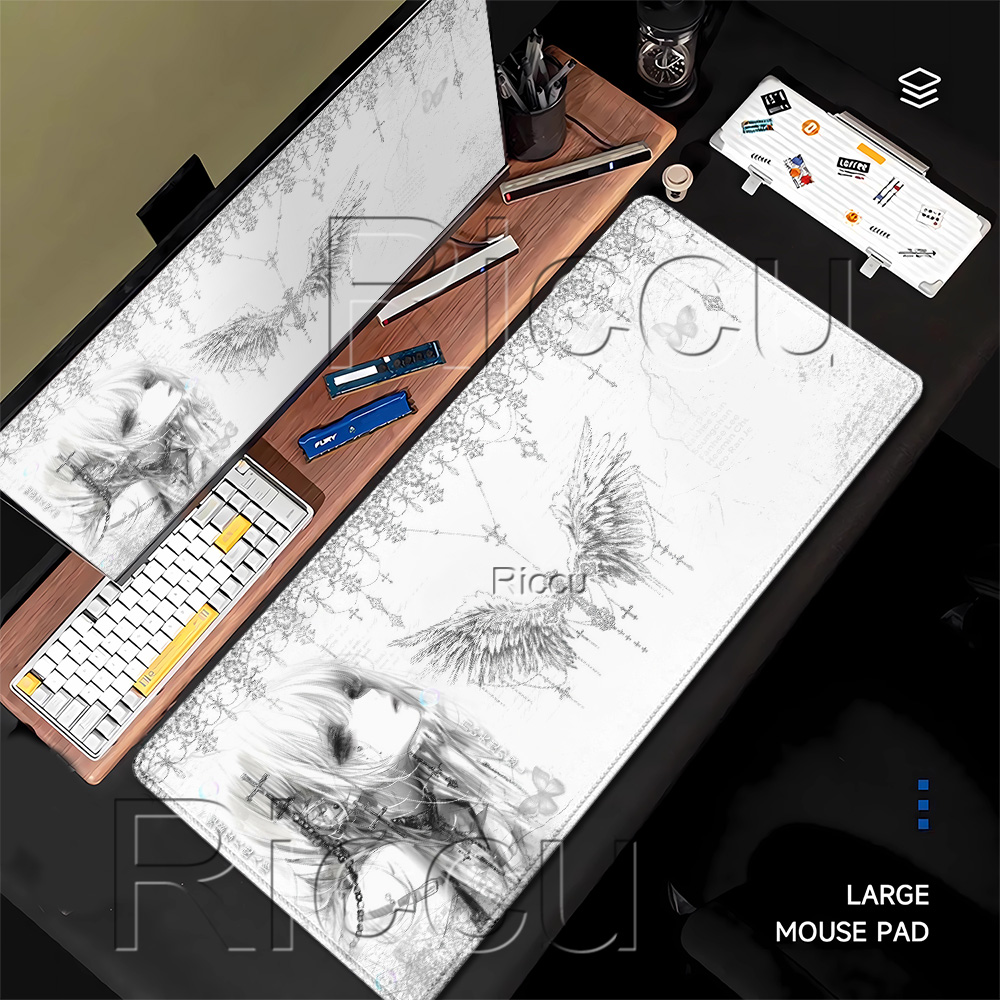 Gaming Keyboard Typewriter - Mousepad Black White Anime Aesthetics Angel